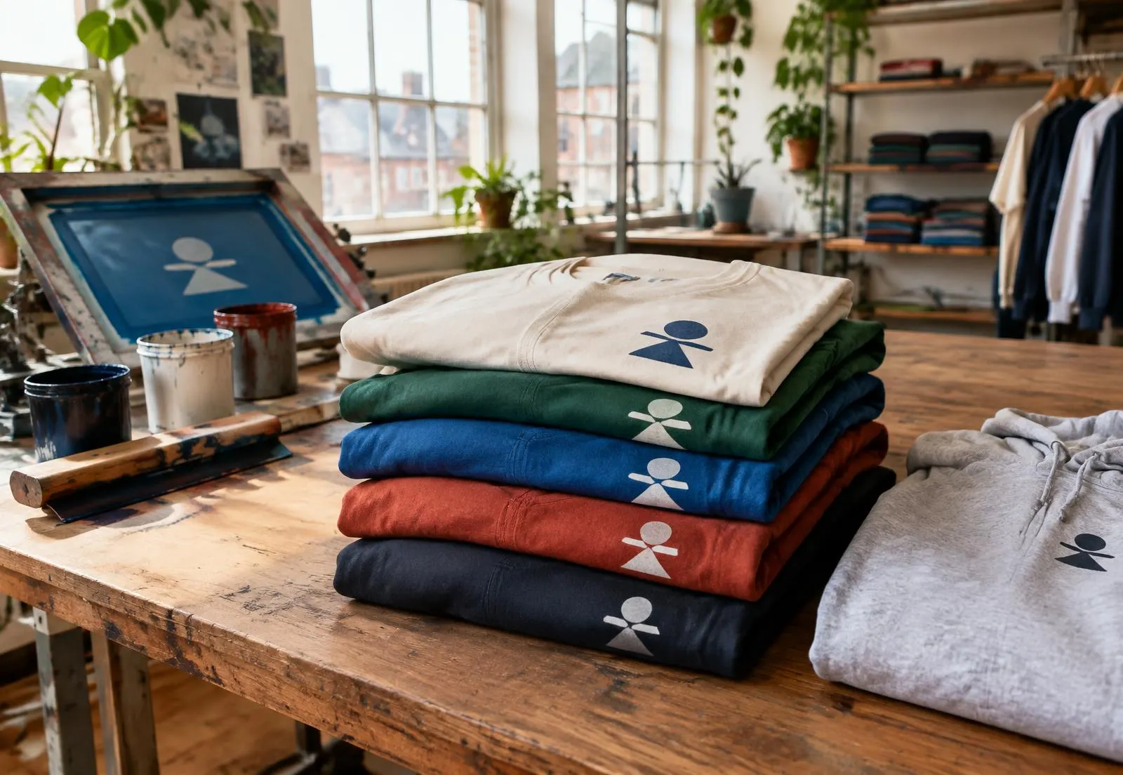 Stablede T-shirts i flere farver med trykt logo på et arbejdsbord i et trykkeri